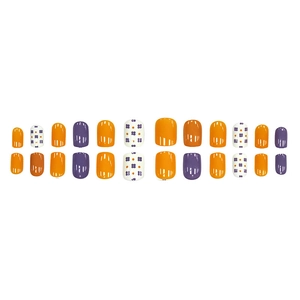 Glossy orange and purple press-on nails set with floral patterns on 24-piece kit