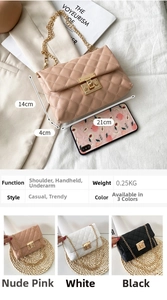 Detailed size specifications of quilted faux leather bags with golden chain straps