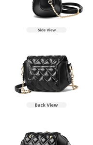 Detailed side and back views of a black quilted saddle bag with gold chain strap