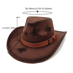 Cappello da cowboy marrone in feltro di lana con motivo a stella e fibbia in pelle