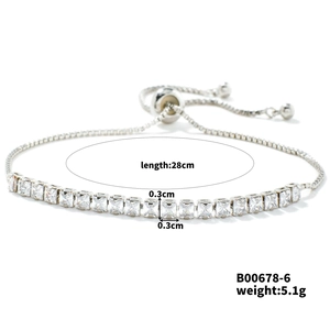 Detail view of silver adjustable bracelet with 0.3cm square zircon stones and 28cm length