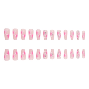 Pink heart gradient long coffin press-on nails with shiny glitter diamond accents