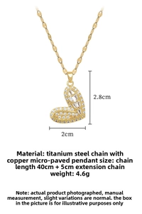 Detail view of heart pendant featuring micro-set cubic zirconia and golden chain
