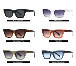Macro display of narrow cat eye sunglasses in six trendy colors with thick frames