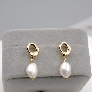 French vintage baroque pearl earrings with square gold studs and irregular pearl pendants
