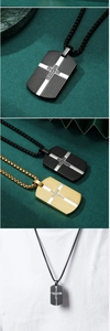 Detail of CNC cross military dog tag necklaces with stones in black and gold finish
