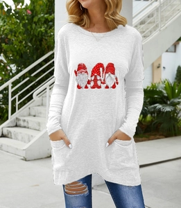 Close-up of three red Christmas gnomes print and side pockets on grey long sleeve tunic