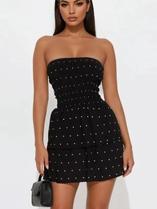 Polka Dot Minikleid Damen Trägerloses Schlauchtop Gesmoktes Chiffon Gestuftes Rüschen Sommer Strandparty Ärmellos