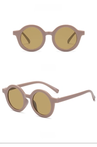 Front and side view of cute round frame children's sunglasses in bean paste pink color