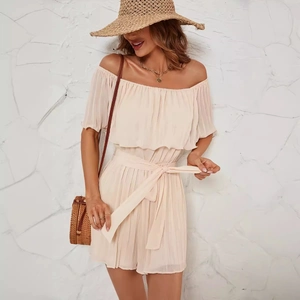 Elegant off-shoulder beige pleated romper with puff sleeves and waist tie for summer