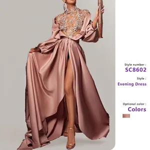 Elegant Pink Satin Evening Gown For Women With Long Lantern Sleeves Rhinestone Bodice And High Slit Formal Party Dress