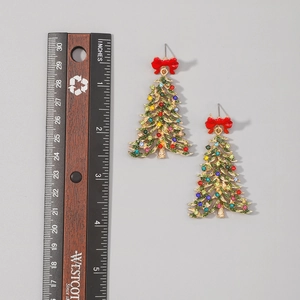 Christmas tree earrings with colorful rhinestones and size ruler measurement guide