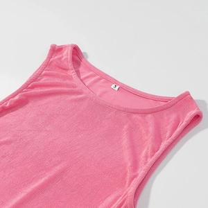 Close-up of pink knit tank top neckline showing high-quality ribbed fabric texture and size S