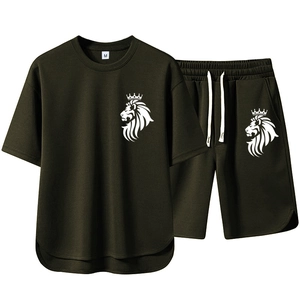 Men's olive green 2-piece sportswear set with white lion logo on t-shirt and shorts