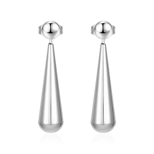 Minimalist silver long teardrop earrings in polished stainless steel for women