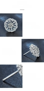 Detailed views of moissanite earrings with six-prong setting and flower petal design