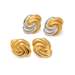 Two pairs of twisted knot stud earrings in gold and silver finish on white background