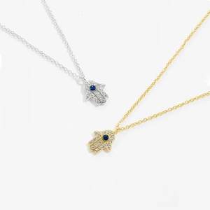 S925 silver Hamsa Hand pendant necklace set in gold and silver finish with blue stones