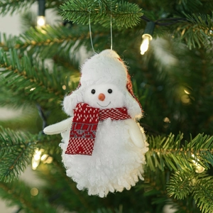 Plush snowman Christmas tree ornament with red and white knit scarf and hat, 12cm