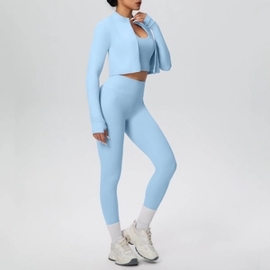 Completo fitness azzurro 3 pezzi con giacca a zip, reggiseno sportivo e leggings a vita alta