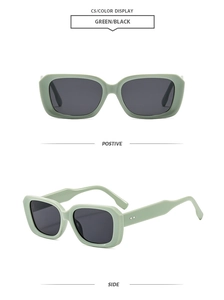 Detail of vintage square sunglasses with green frames and silver rivet accents
