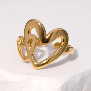 Polished 18K gold plated stainless steel open ring with a stylish double heart design