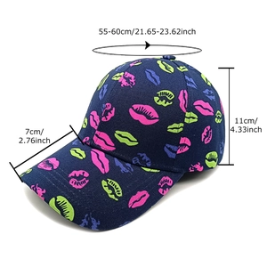 Dark blue baseball cap with colorful lip patterns and adjustable sizing details