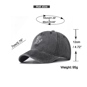 Detailed size chart for washed cotton baseball cap with embroidered dog pattern