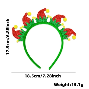 Glittery Christmas headband with elf hats and yellow pom-poms shown with dimensions
