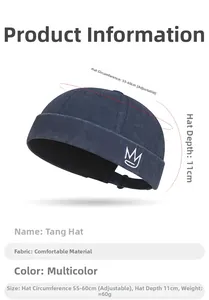 Detailed view of blue cotton brimless hat with crown embroidery and size chart