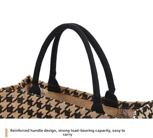 Detail of the thickened rope handles and houndstooth texture on this burlap tote bag