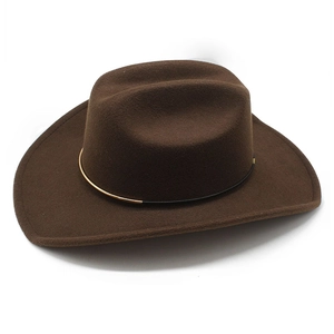 Close-up of wool felt cowboy hat in dark brown with black and gold decorative band