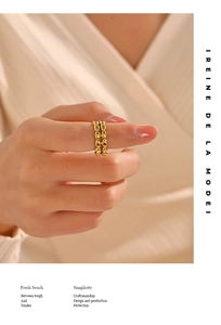 Detailed close-up of a double-row gold beaded oval ring on a finger with minimalist style