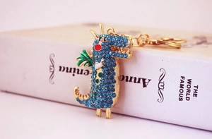 Détail du porte-clés crocodile avec cristaux bleus sur fond de livre vintage
