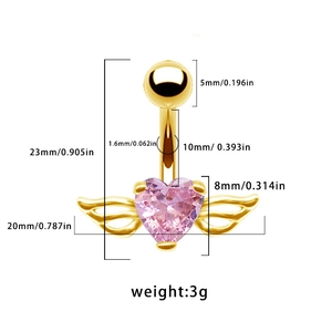 Piercing de nombril doré avec cœur rose, ailes et spécifications de mesures