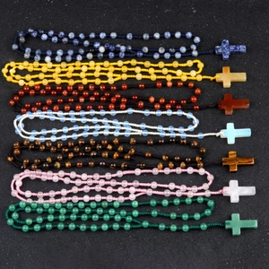 Handmade rosary necklace with 6mm natural crystal beads and stone cross pendant in 7 colors