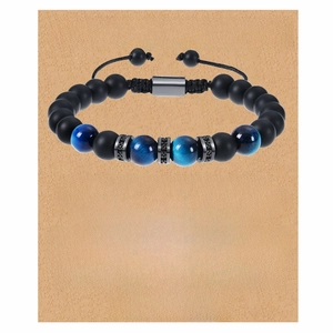 Bracelet Perles Homme Oeil De Tigre Bleu Pierre Noire Mate Corde Ajustable Carte De Voeux Cadeau Pour Petit Ami Mari