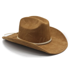 Detail of camel suede cowboy hat with golden rhinestone ribbon and tassel trim