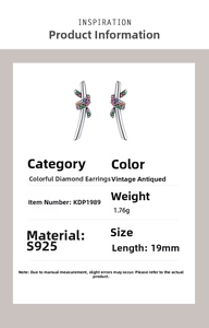 Detailed view of S925 sterling silver colorful zircon twist stud earrings with size specs
