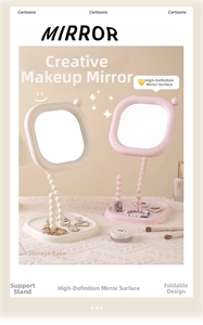 Cute cream pearl beaded desktop makeup mirror with jewelry storage tray base for vanity