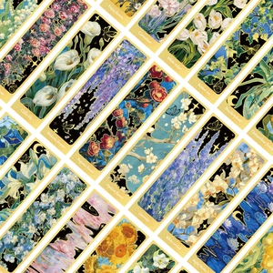 30pcs vintage oil painting floral bookmarks with gold foil line art on black cardstock