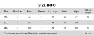 Detailed size guide table with measurements for plus size top and shorts outfit set