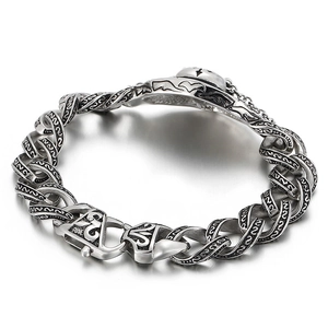 Retro stainless steel Cuban link bracelet with gothic engravings and cross clasp