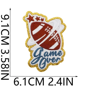 Detailed view of Game Over football helmet patch with precise size measurements