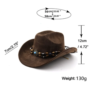 Detailed dimensions of brown suede cowboy hat with turquoise and beaded band ornament