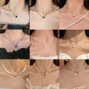Collage of pearl and alloy pendant necklaces including heart and flower designs on model
