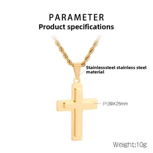 Detailed view of golden stainless steel cross pendant with rope chain dimensions