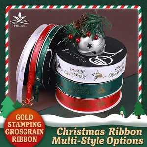 Christmas grosgrain ribbon with gold Merry Christmas print and deer for gift wrapping