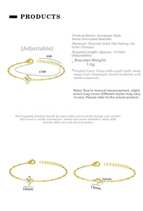 Detail view of gold-plated clover bracelet with zircon stones and dimension markings