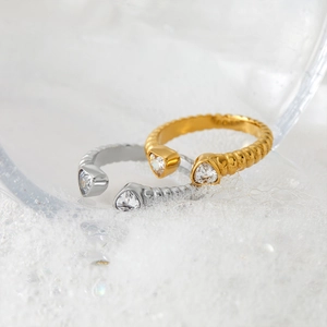 Adjustable heart zircon open ring with spiral rope texture in gold and silver finish
